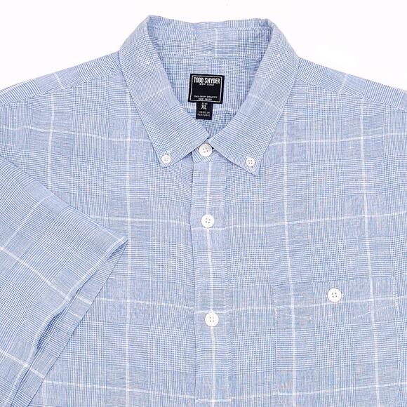 TODD SNYDER Linen Casual Button Down Shirt Light Blue Plaid Lightweight Sz XL - Picture 13 of 13